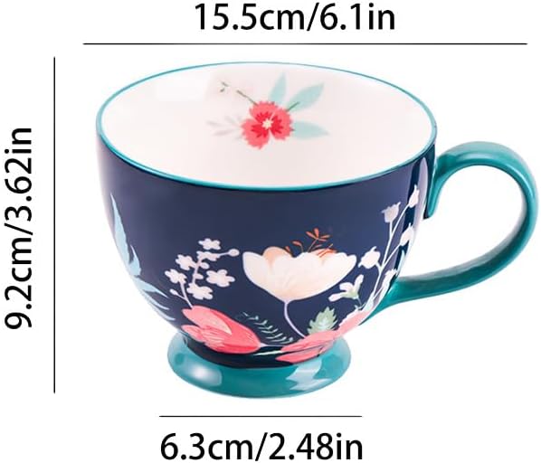 Vintage Flower Mugs β Large Ceramic Coffee Mug (15oz) β Cute Cereal Cup for Breakfast, Oatmeal Tea & Hot Drinks β Handmade Ceramic Cup with Floral Design