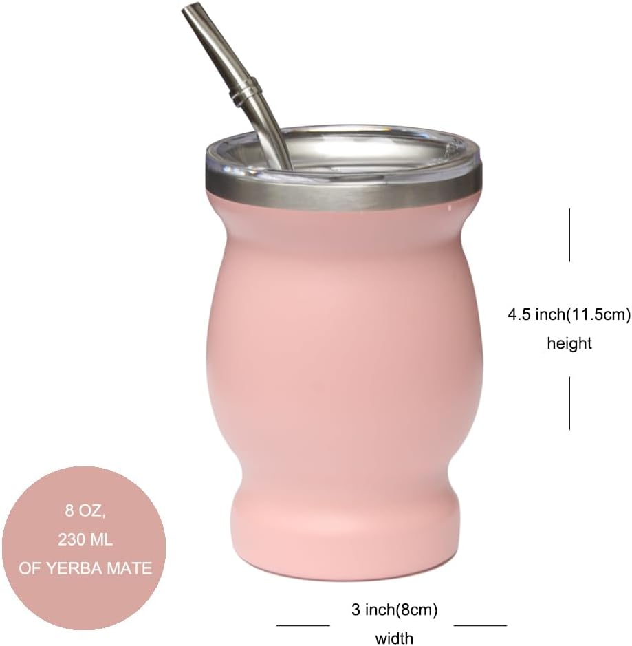 Beruth Bombilla Yerba Mate Gourd, 8oz Stainless Steel Tea Cup Set with a Multifunctional Lid, Two Straws and Cleaning Brushes, Double Walled Coffee Mug Heat Insulation Anti Scalding (Peachy Pink)