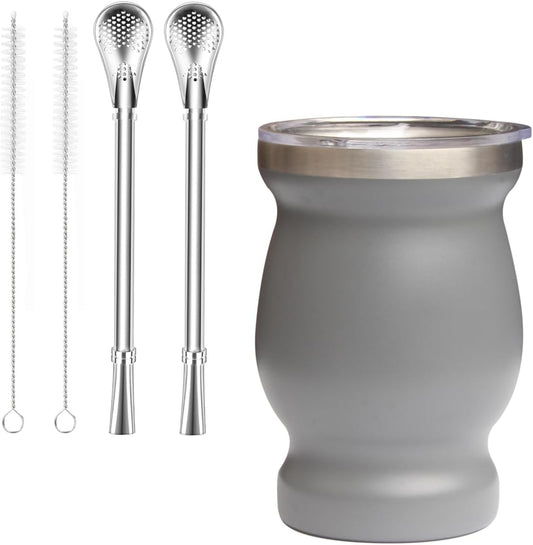 Beruth Bombilla Yerba Mate Gourd, 8oz Stainless Steel Tea Cup Set with a Multifunctional Lid, Two Straws and Cleaning Brushes, Double Walled Coffee Mug Heat Insulation Anti Scalding (Starry Sky Grey)