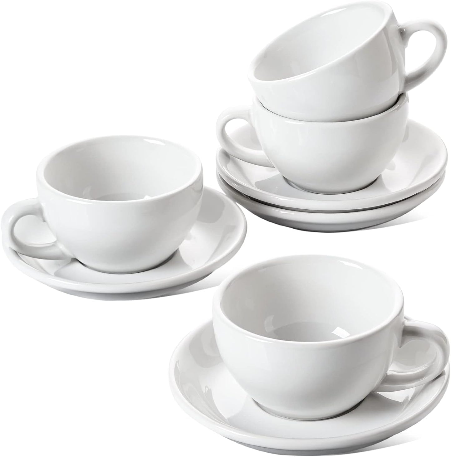 LE TAUCI 8 oz Cappuccino Cups with Saucers,Ceramic Large Coffee Cup for Au Lait, Double shot, Latte, Cafe Mocha, Tea - Set of 4, White