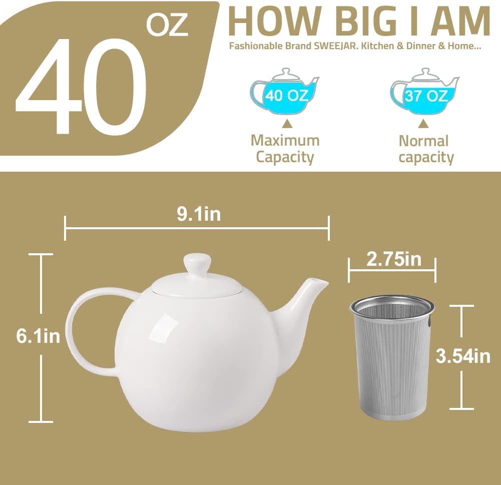 Sweejar Porcelain Teapot with Removable Stainless Steel Infuser,Microwave & Dishwasher Safe Tea Pots for Loose Tea,Tea Infuser Pots for Chrismas Women Gift (40oz Turquoise)