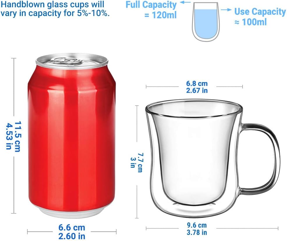 ecooe Espresso Cups 4 Oz Double Walled Glasses Coffee Mugs Set of 2, Clear Glass Coffee Cups with Handle, Insulated Coffee Mug Borosilicate Heat Resistant Double Wall Glass Espresso Coffee Cups