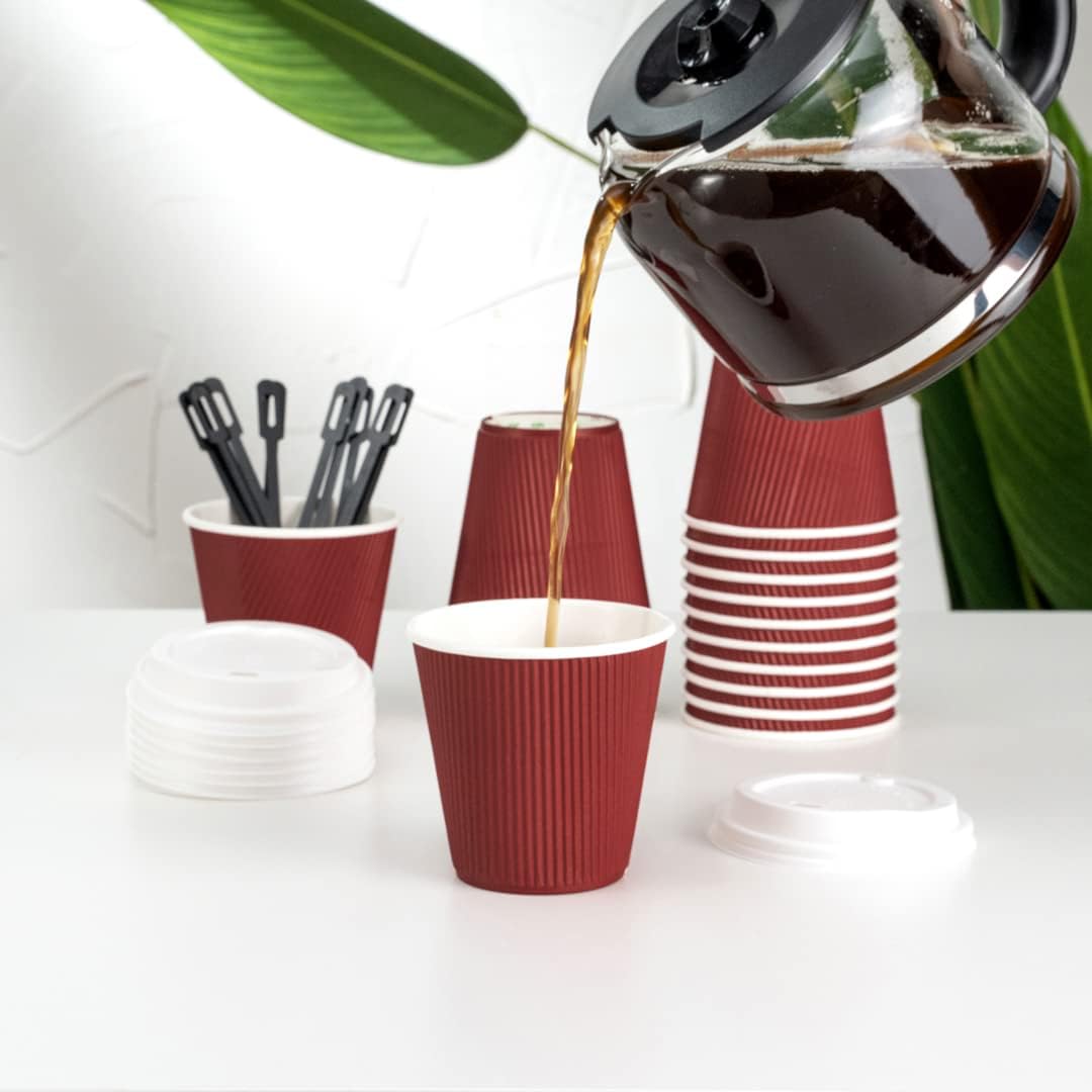 Restaurantware 8 Ounce Double Wall Disposable Coffee Cups, 500 Insulated Crimson Paper Tumblers, Ripple Wall Design, Lids Sold Separately for Hot Drinks like Tea, Hot Chocolate, and More