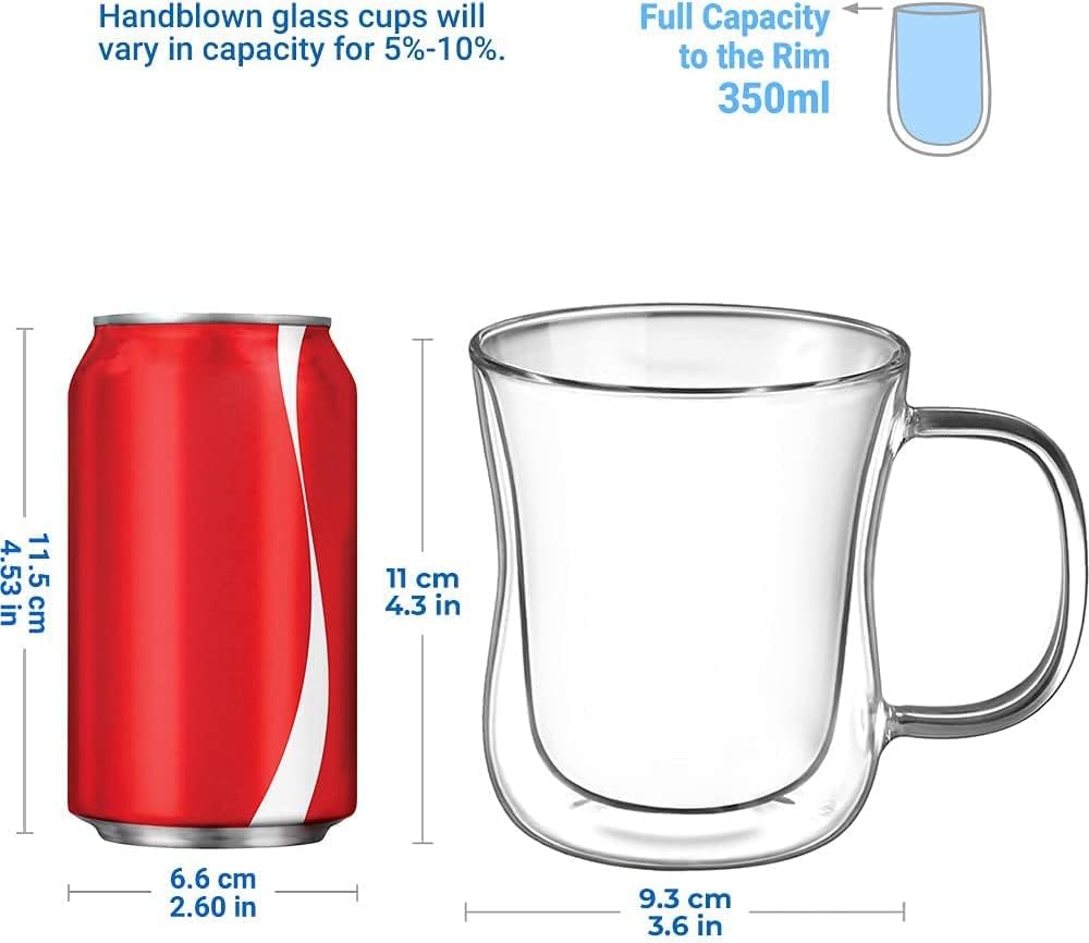 ecooe 12 oz Double Walled Glass Coffee Mug Latte Cappuccino Cups Set of 2, Clear Glass Coffee Cups with Handle, Insulated Coffee Cup Borosilicate Heat Resistant Double Wall Glass Coffee Mug Tea Cups