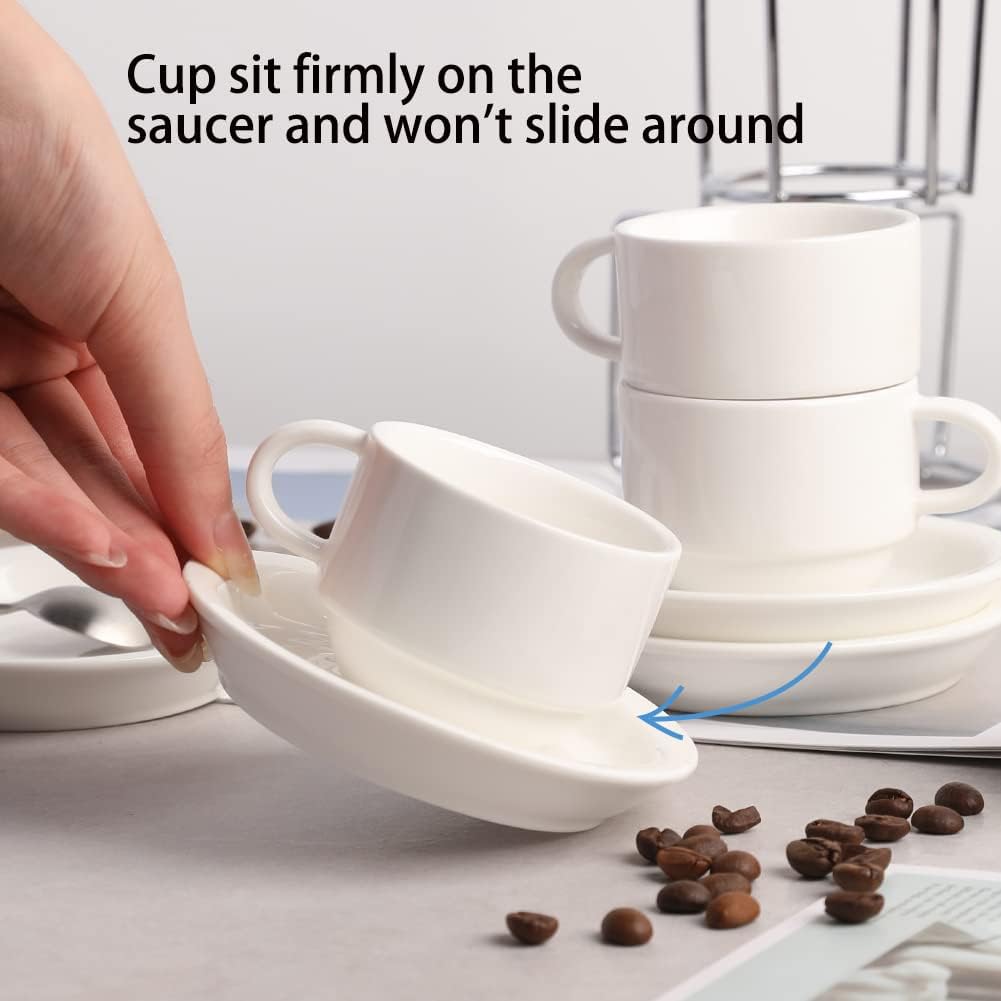 Sweejar Porcelain Espresso Cups with Saucers, 2.5 Ounce Stackable Cappuccino Cups with Metal Stand for Coffee Drinks, Latte, Tea - Set of 4 (White)