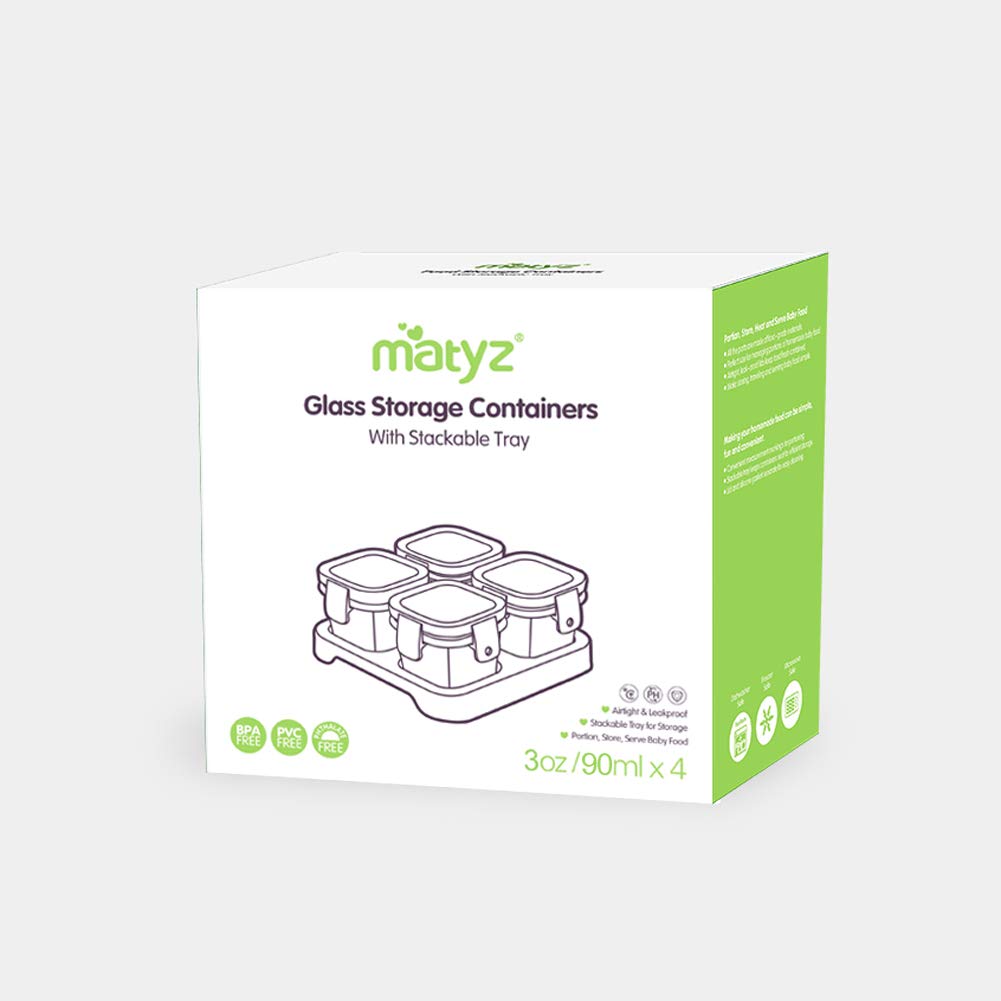 Matyz 4-Pack Glass Baby Food Containers with Airtight Lids and Stackable Tray (Mint Green, 3 OZ Each) - Glass Food Containers Freezer Safe for Baby Toddler - Stackable Baby Food Containers Glass