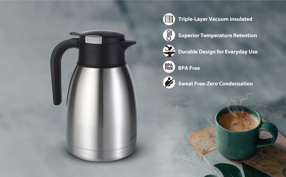 Heritage66 Thermal Coffee Carafe Dispenser, Triple Wall Stainless Steel, Vacuum Insulated, 34 oz/1 Liter, Keeps Hot 12 Hours (1 Liter/ 34 Oz)