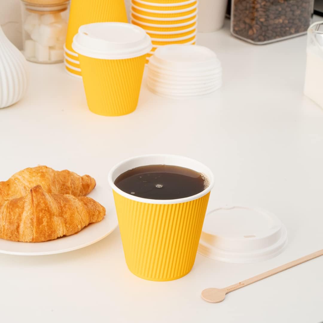 Restaurantware 8 Ounce Double Wall Disposable Coffee Cups, 500 Insulated Yellow Paper Tumblers with Ripple Wall Design, Lids Sold Separately for Hot Drinks like Tea, Hot Chocolate and More