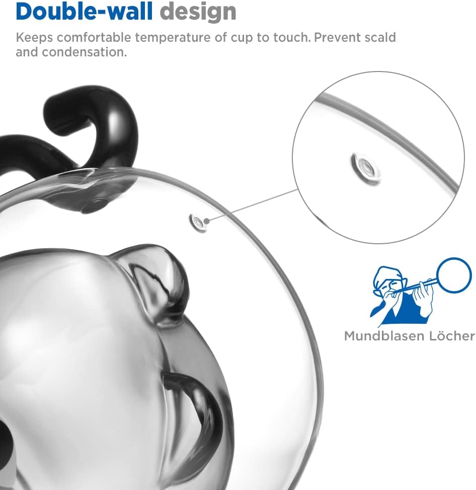 ecooe Cute Cat Mug Glass Coffee Cup 9.8oz Double Walled Glass Mug Cappuccino Latte Glass Cup with Handle Spoon, Milk Tea Cat Cup Birthday Christmas Valentine's Day Gifts for Women Girls Kids Friends