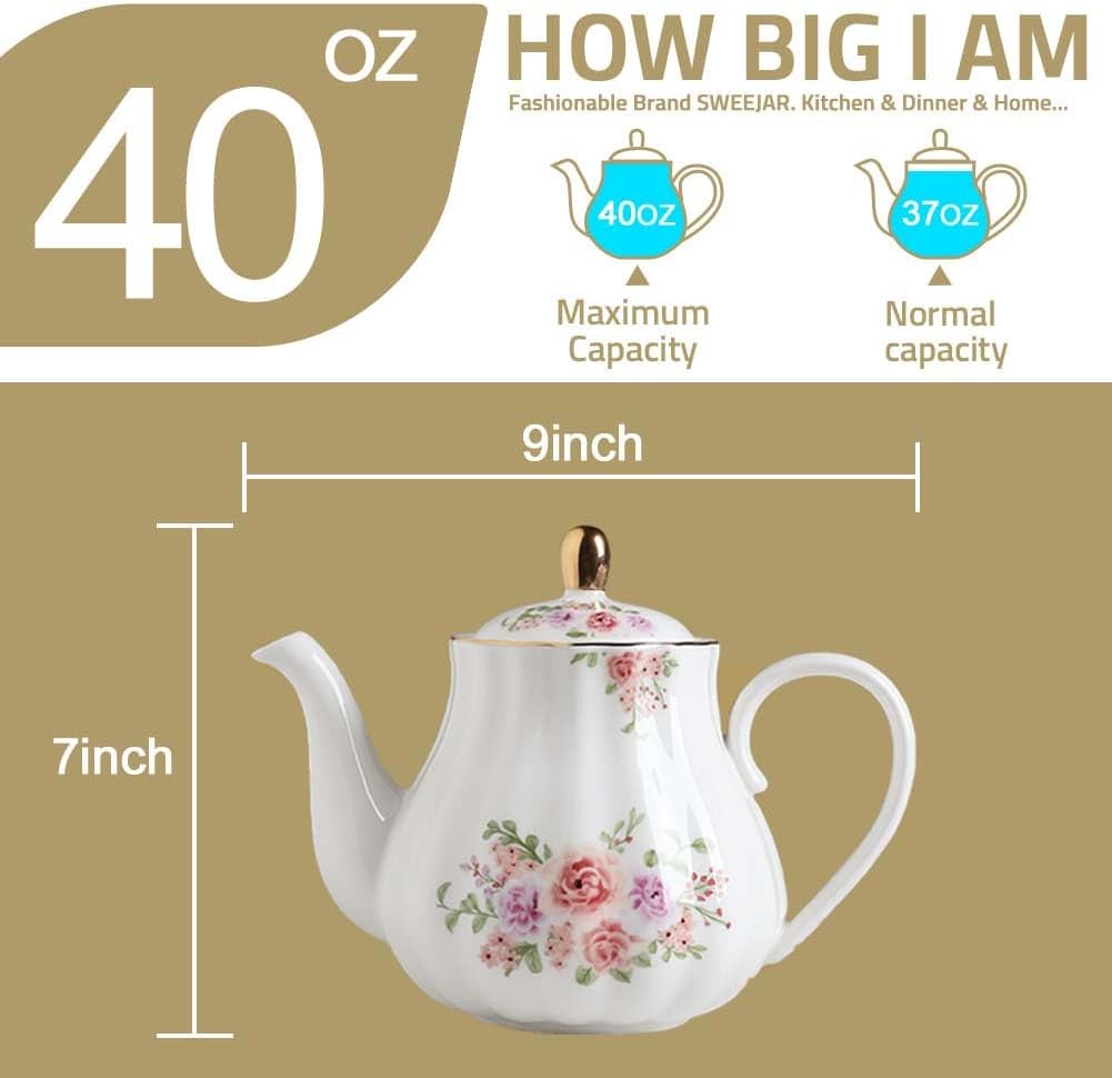 Sweejar Royal Teapot, Ceramic Tea Pot with Removable Stainless Steel Infuser, Blooming & Loose Leaf Teapot (Rose Flower, 40 Ounce)