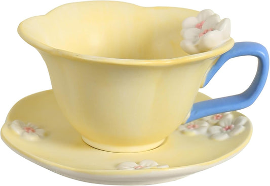 Floral Tea Cups and Saucers, Ceramic Cute Coffee Mug for Women Tea Party, Cappuccino Latte Milk (Yellow)
