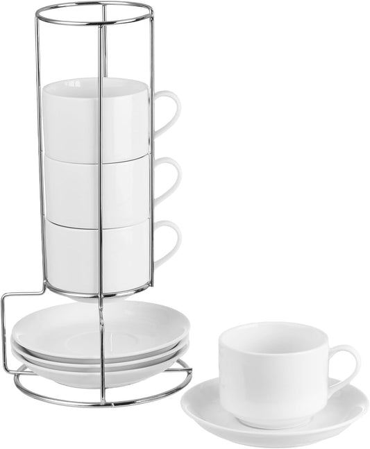8 Ounce Porcelain Cappuccino Cups with Saucers and Silver Stand, White Cups Set of 4