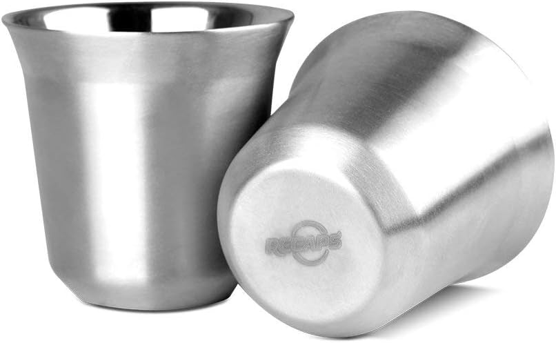 RECAPS 80ml Stainless Steel Espresso Cups Set - 2 Pack Double Wall 304 Stainless Steel Demitasse Cups 2.7oz (Small Cup)