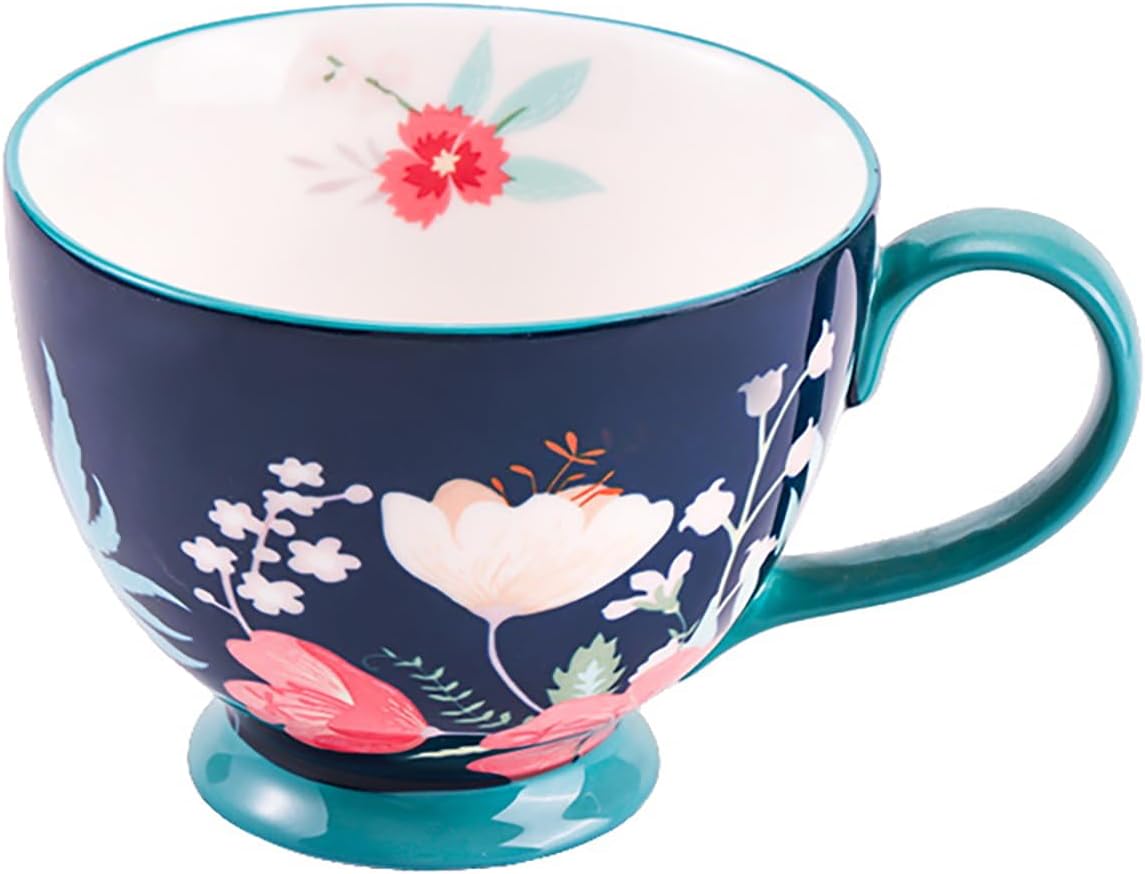 Vintage Flower Mugs β Large Ceramic Coffee Mug (15oz) β Cute Cereal Cup for Breakfast, Oatmeal Tea & Hot Drinks β Handmade Ceramic Cup with Floral Design