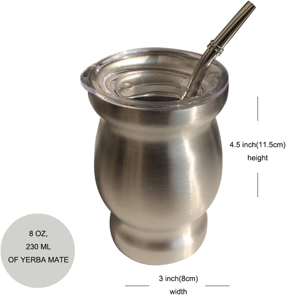 Beruth Bombilla Yerba Mate Gourd, 8oz Stainless Steel Tea Cup Set with Lid, Two Straws and Cleaning Brushes, Double Walled Coffee Mug Heat Insulation Anti Scalding (Bright Silver)