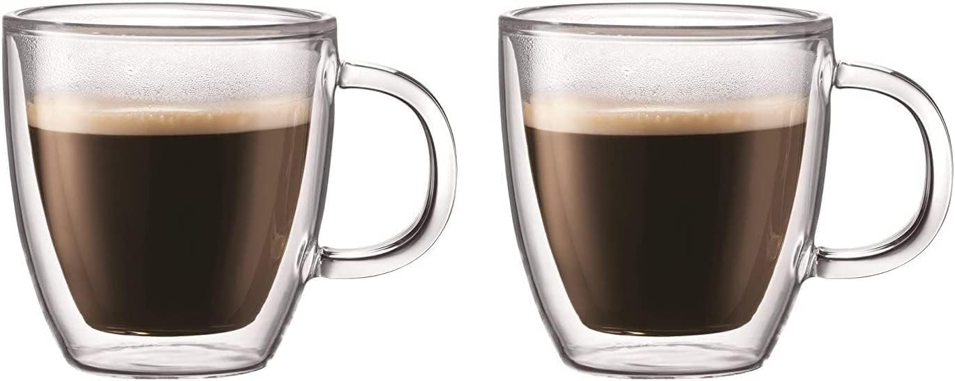 Bodum 5oz Bistro Double Wall Espresso Mug, High-Heat Borosilicate Glass, Set of 2, Clear