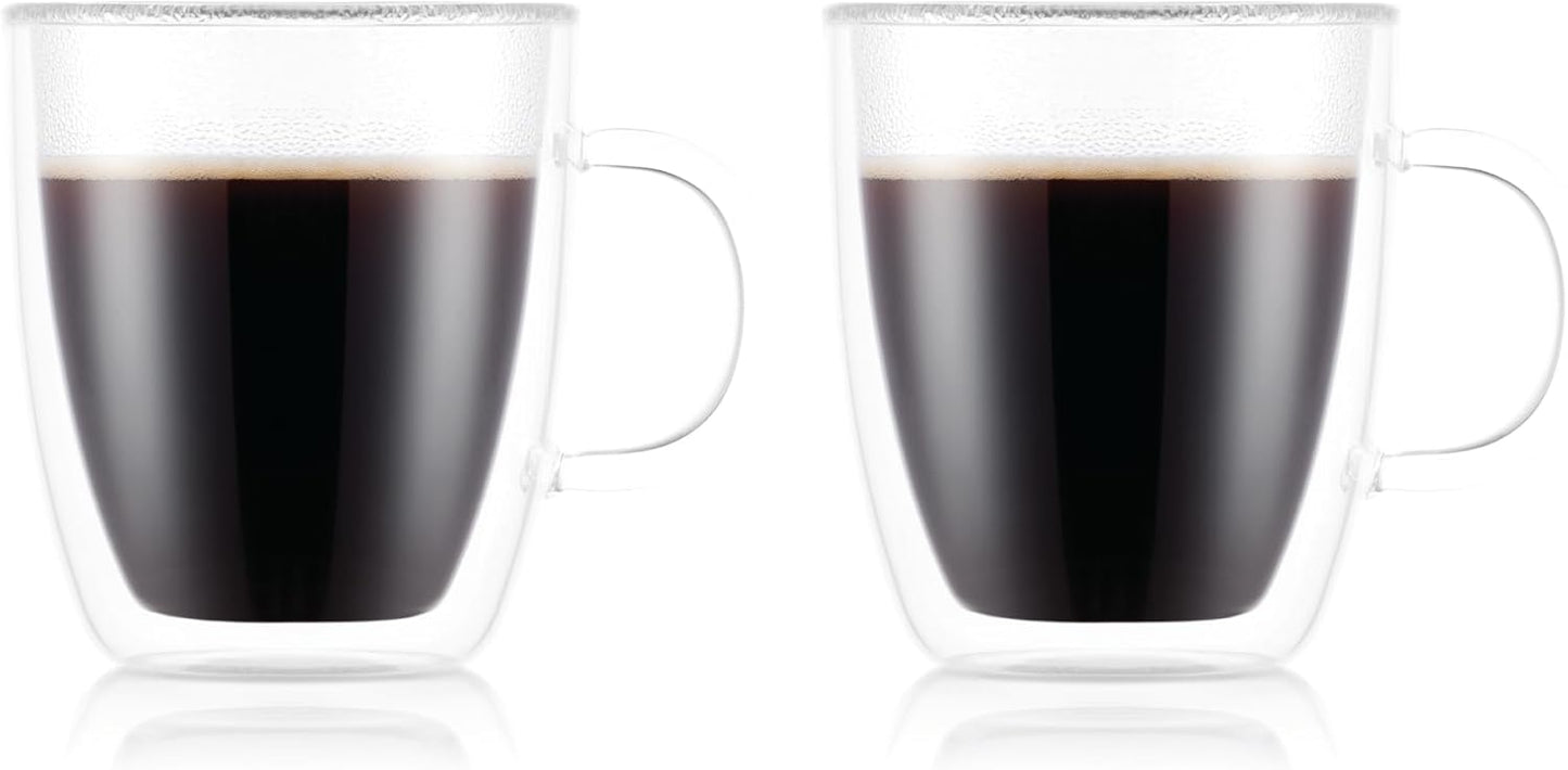Bodum 15oz Bistro Double Wall Insulated Mug, High-Heat Borosilicate Glass, Set of 2, Clear