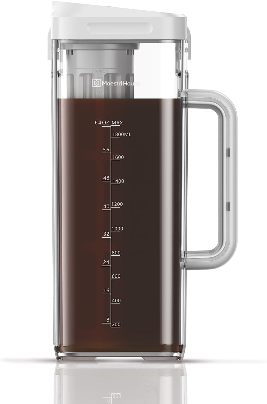 Maestri House Compact Cold Brew Coffee Maker, 64oz Iced Tea and Coffee Maker Brewer Space Saving Tritan Pitcher, 350 Mesh Filter, 100% Leak-Proof