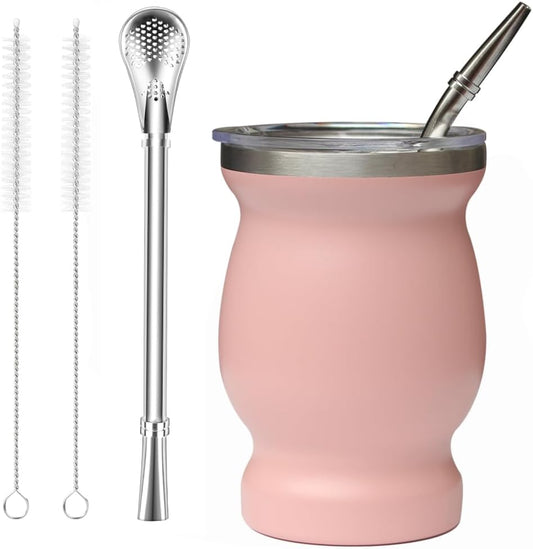 Beruth Bombilla Yerba Mate Gourd, 8oz Stainless Steel Tea Cup Set with a Multifunctional Lid, Two Straws and Cleaning Brushes, Double Walled Coffee Mug Heat Insulation Anti Scalding (Peachy Pink)