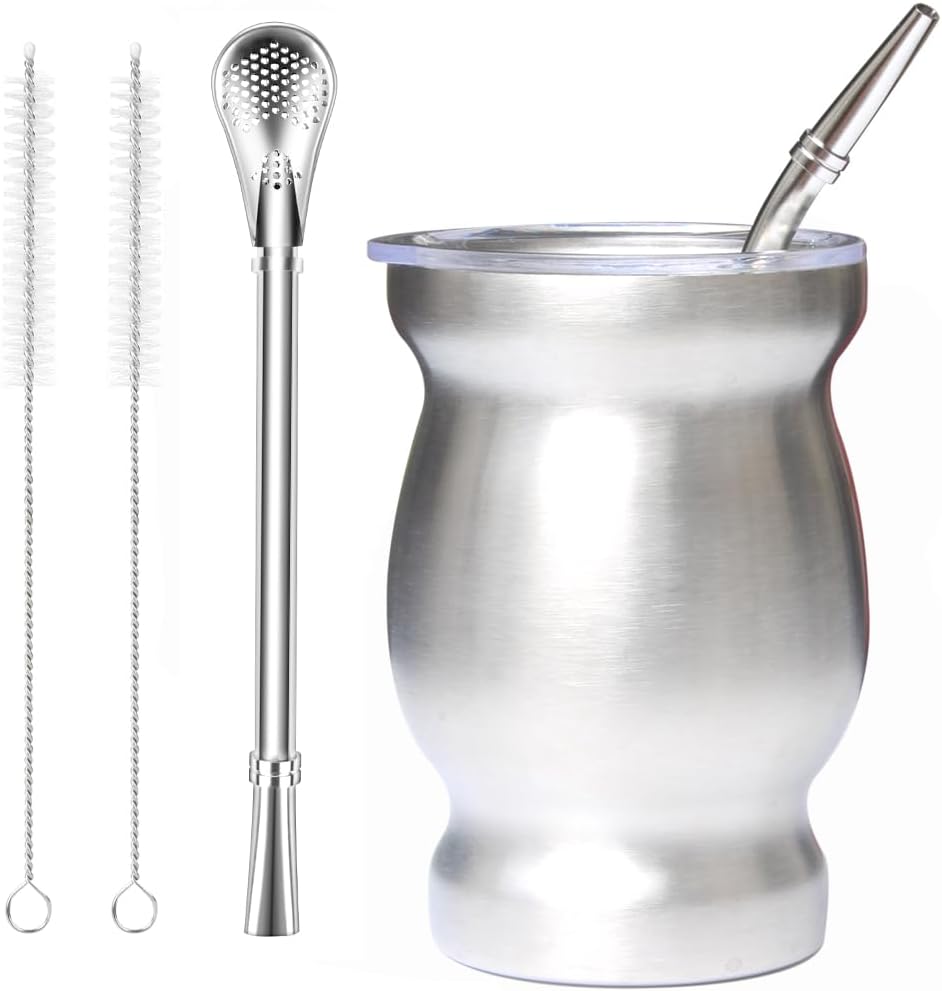 Beruth Bombilla Yerba Mate Gourd, 8oz Stainless Steel Tea Cup Set with Lid, Two Straws and Cleaning Brushes, Double Walled Coffee Mug Heat Insulation Anti Scalding (Bright Silver)