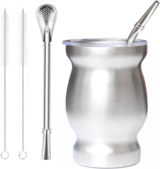 Beruth Bombilla Yerba Mate Gourd, 8oz Stainless Steel Tea Cup Set with Lid, Two Straws and Cleaning Brushes, Double Walled Coffee Mug Heat Insulation Anti Scalding (Bright Silver)
