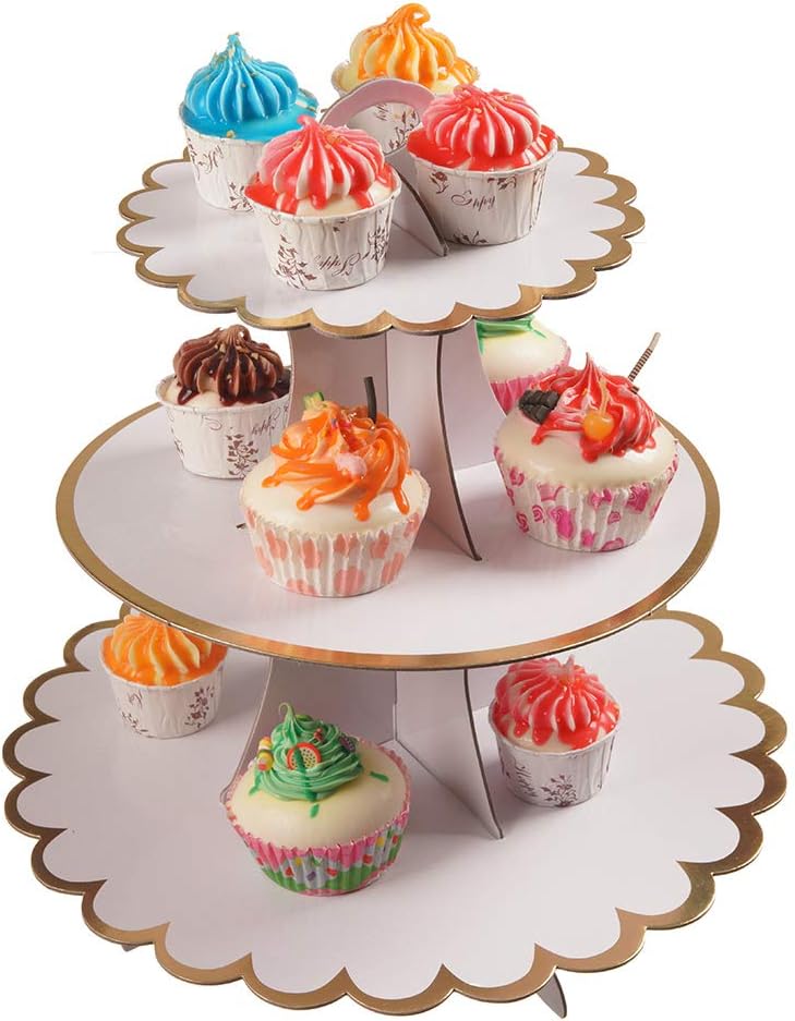 3-Tier Cupcake Stand, Lace Trim Cake Stand Holder, Tiered DIY Cupcake Stand Tower for Dessert Table Displays, Birthday Theme Party Favors Decoration, Floral Tea Party, 12" W x 12.8" H, White
