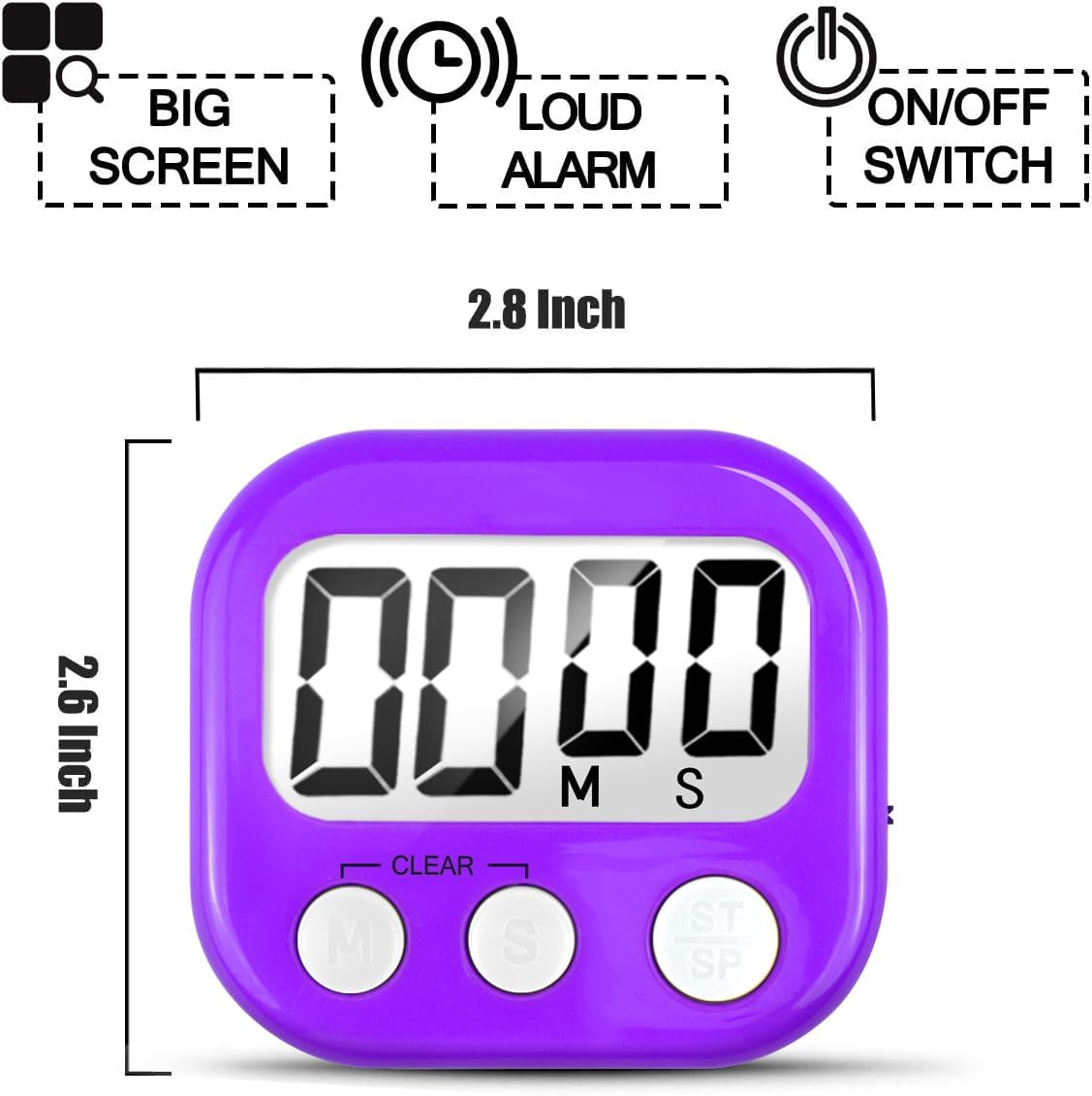 2 Pack Digital Kitchen Timer for Cooking Big Digits Loud Alarm Magnetic Backing Stand Cooking Timers for Baking Purple