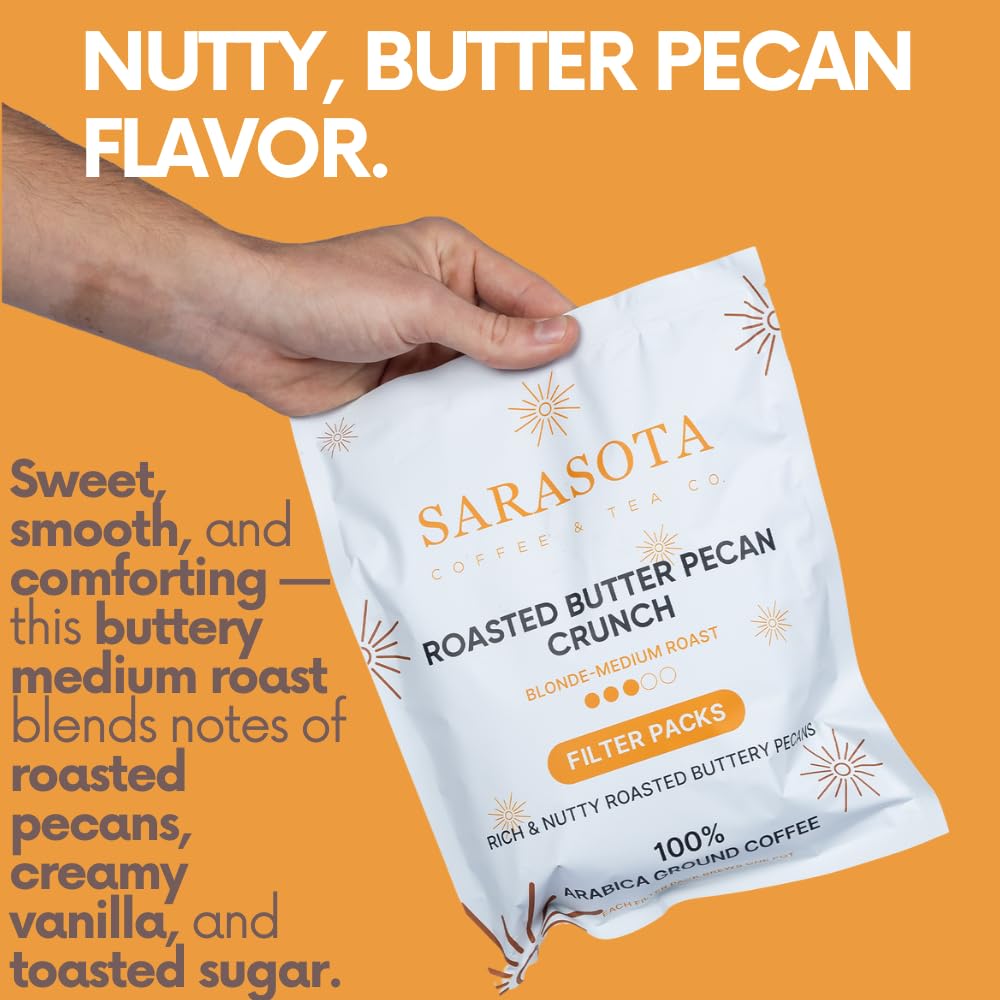 Ground Flavored Coffee In Filter Packs | Medium Roast Low Acid Mold Free Pouches | Sampler Packets | Roasted Butter Pecan Crunch Gourmet Powder Bags for 10-12 Cup Drip Maker | Highest Rated Individual Premeasured Coffee