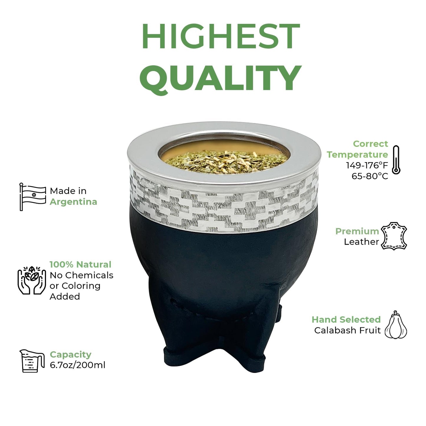 Premium Argentina-Uruguay Yerba Mate Cup and Bombilla Set, Organic Gourd Tea Mug with Steel Straw (Bombilla) and Cleaning Brush, Handcrafted for Loose Leaf Yerba Mate Tea - Imperial Version