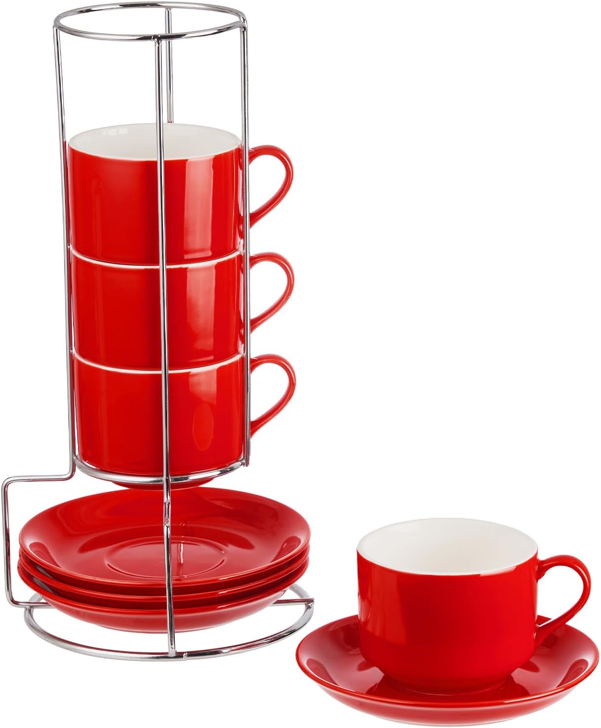 8 Ounce Porcelain Cappuccino Cups with Saucers and Silver Stand, Red Cups Set of 4