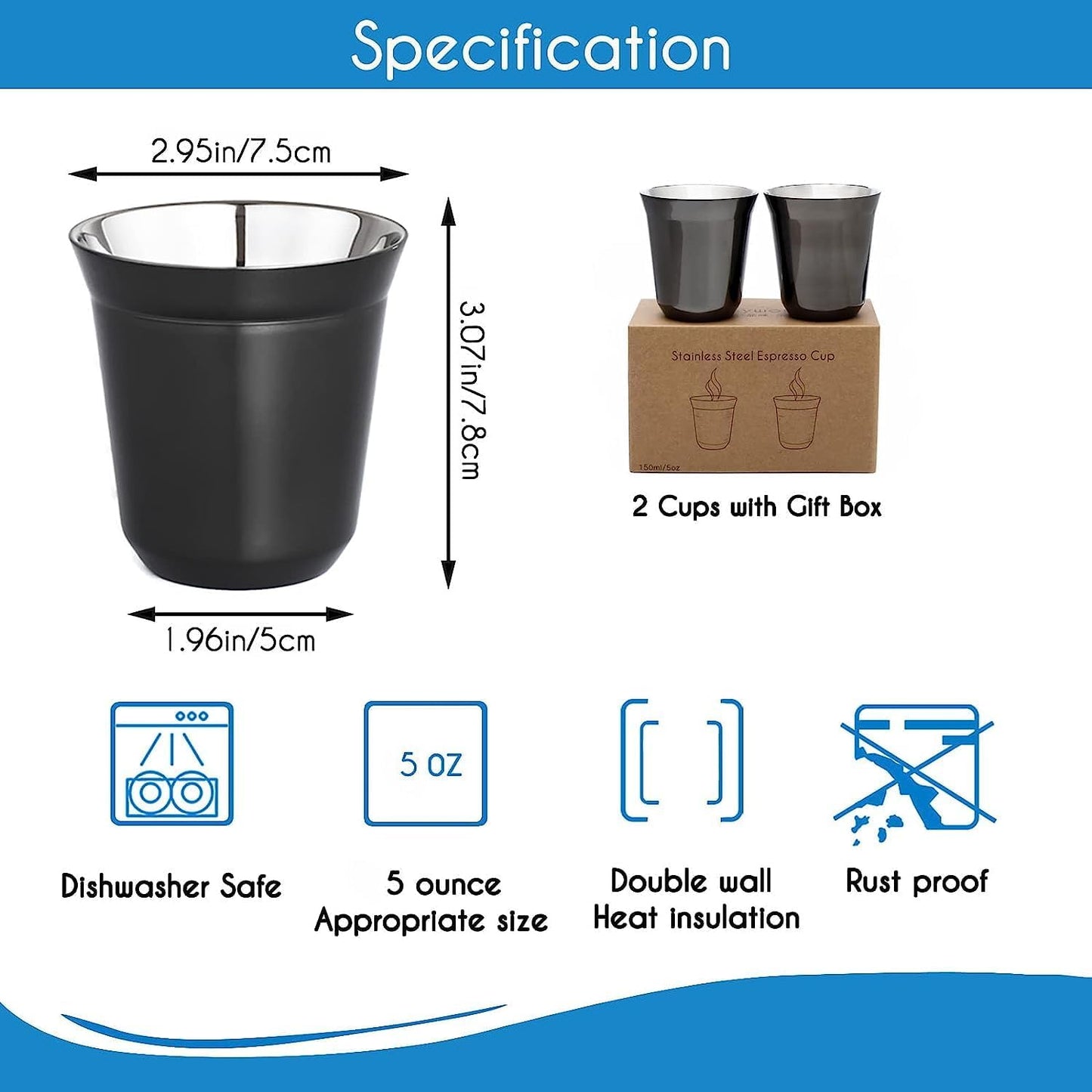 Easyworkz Stainless Steel Espresso Cup 2pcs Set Double Wall Insulated Metal Demitasse Cups (Black, 5 oz)