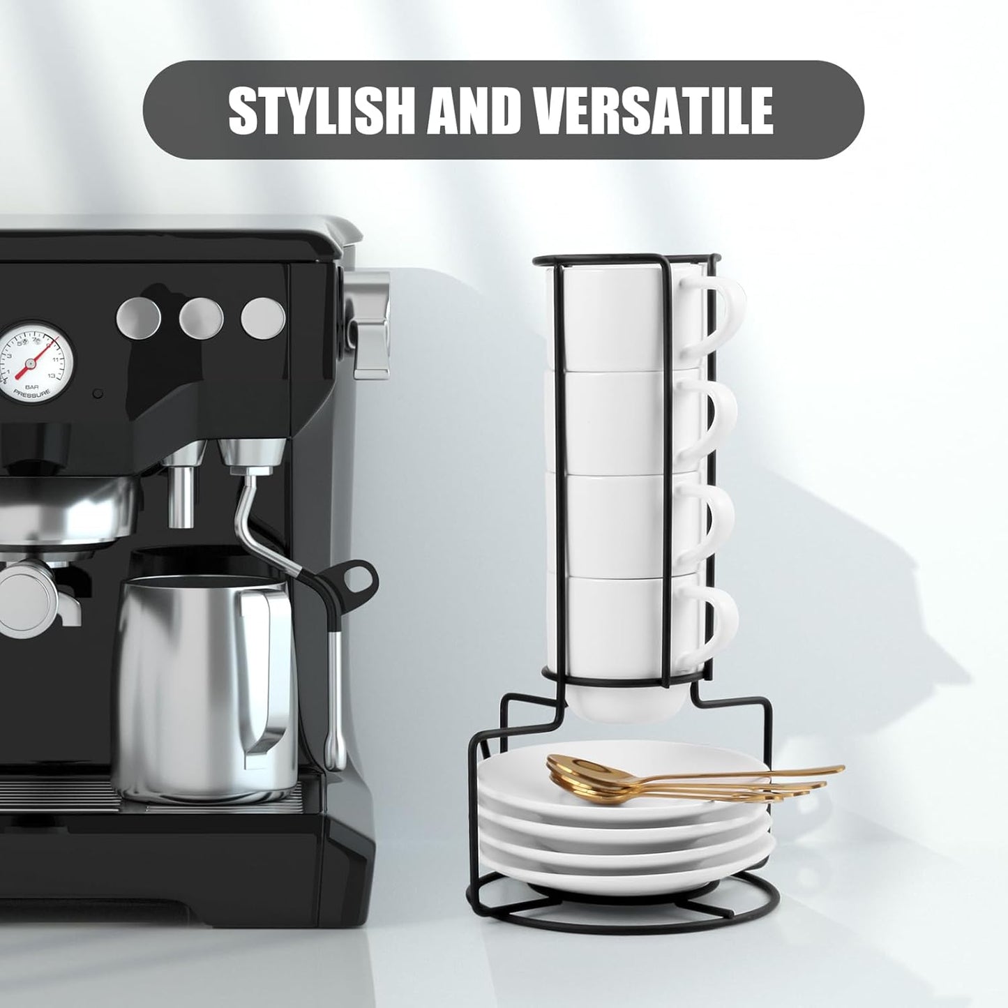 Lareina 3-Ounce Espresso Cups with Saucers, Spoons and Metal Stand, Small Stackable Coffee Cups Set of 4, Ceramic Demitasse Mugs, White