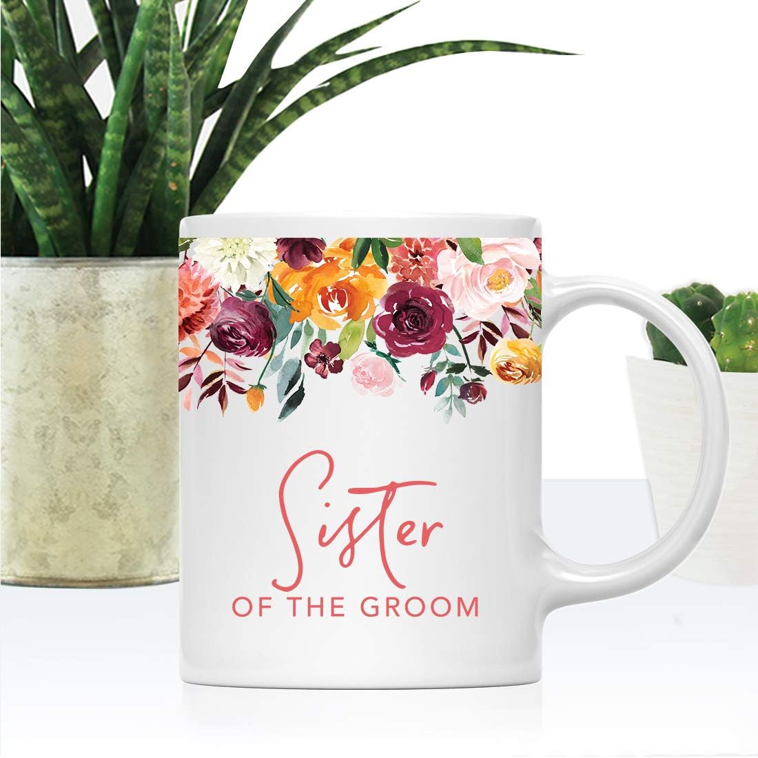 Andaz Press 11oz. Wedding Ceramic Coffee Tea Mug Gift, Fall Autumn Burgundy Orange Peach Flowers Roses Florals, Sister of the Groom, 1-Pack, Includes Gift Box