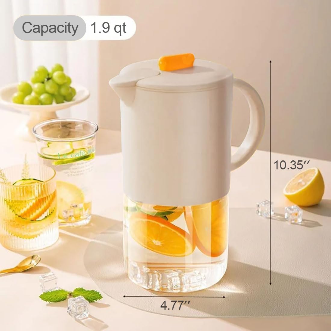 Delove Borosilicate Glass Pitcher with Lid & Auto Spout – Shatterproof Plastic Shell, Wide Mouth Design – 62 oz (1.9 Quart) Jug for Boiling Water, Iced Tea, Juice & Cold Brew Coffee (2, Beige)