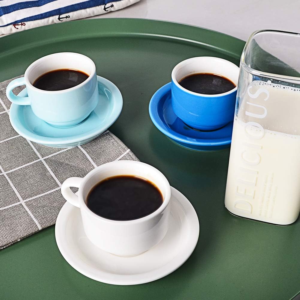 Sweejar Porcelain Espresso Cup & Saucer Set, Stackable Demitasse Cups with Metal Stand, 2.5 OZ for Latte,Coffee,Cafe Mocha,Tea, Set of 6(Blue)