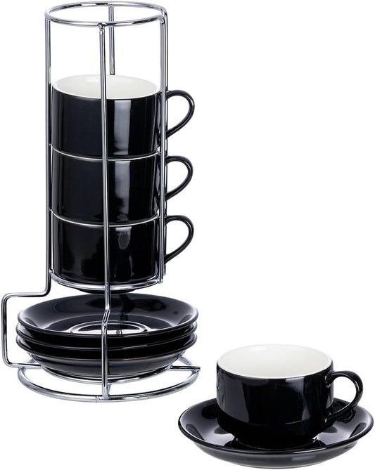 2.5 Ounce Porcelain Espresso Cups with Saucers and Silver Stand, Black Stackable Cups Set of 4
