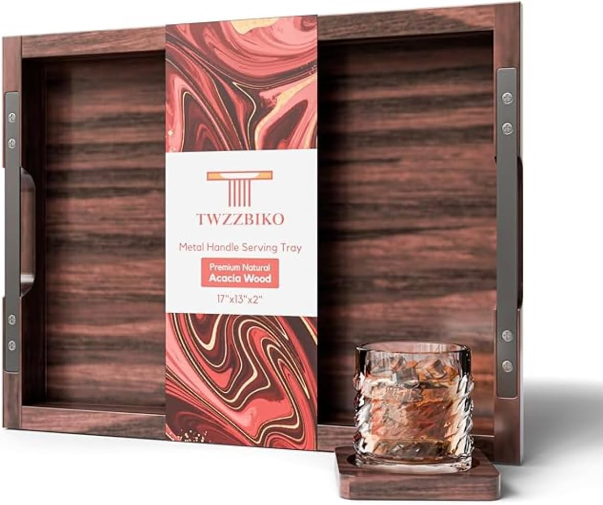 Large 17x13 inch Acacia Wood Serving Tray with Handles | Wooden Tray Board, Couch Tray for Dinner, Bed or Decor Yes, Perfect for Kitchen & Living Room,Free Complementary Acacia Coaster