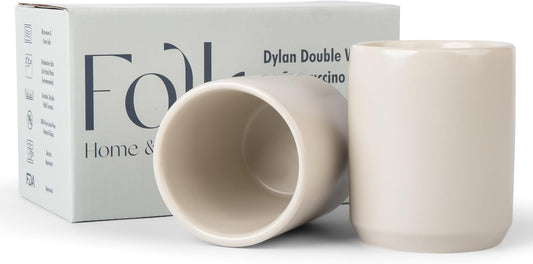 Folk Ceramics Dylan Ceramic Cappuccino Cups Set | Double Walled Ceramic Coffee Mug Set | Compact & Heat Insulated Cappuccino, Tea, Coffee & Latte Cup | 8oz, Set of 2 | Fog Grey