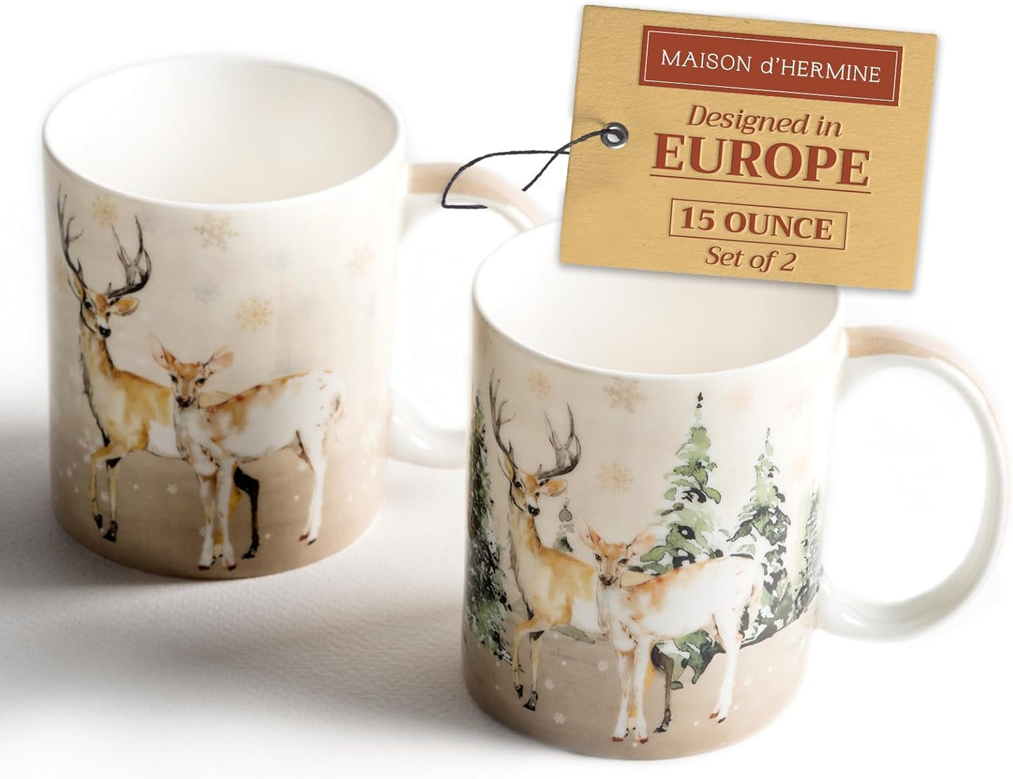 Maison d' Hermine Coffee Mug with Handles Fine Bone China Mugs Pack of Two Tea Cups for Hot Beverages Cappuccino Latte Home Restaurant Office Perfect for Gift (Deer In The Woods, 15 Ounce)