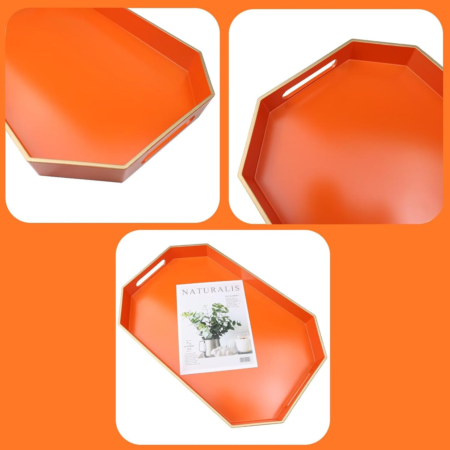 Orange Decorative Tray with Handles, Versatile Serving Tray for Coffee Table, Ottoman, Ideal for Serving, Displaying, Organizing, 15.7"*10.2"*1.57"