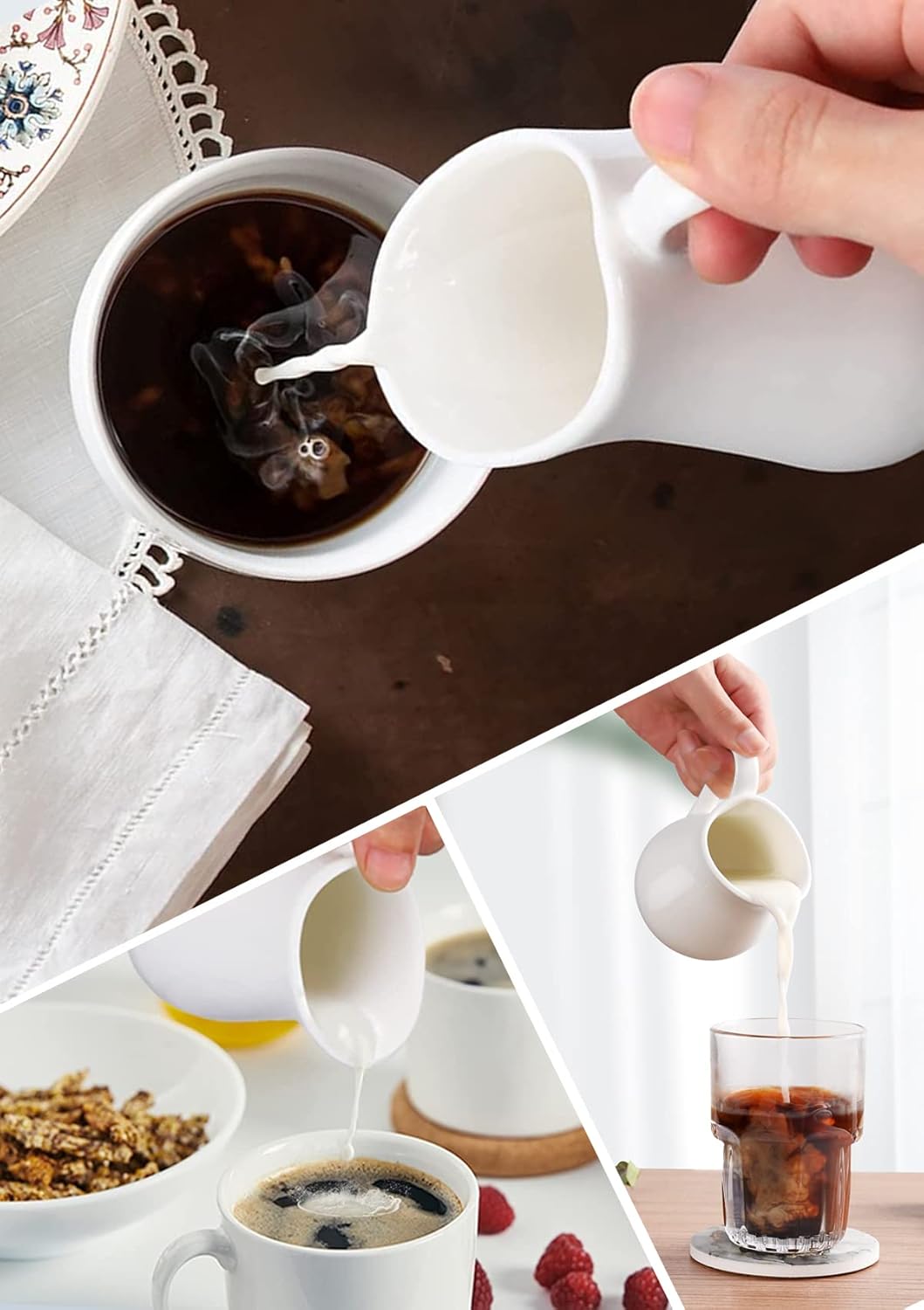 Nucookery 12 Oz Ceramic Creamer with Handle, White Coffee Milk Pitcher, Porcelain Creamer Container Holder For Sauces Salad Coffee Milk, Microwave & Freezer Safe (12-Ounce, Set/1)