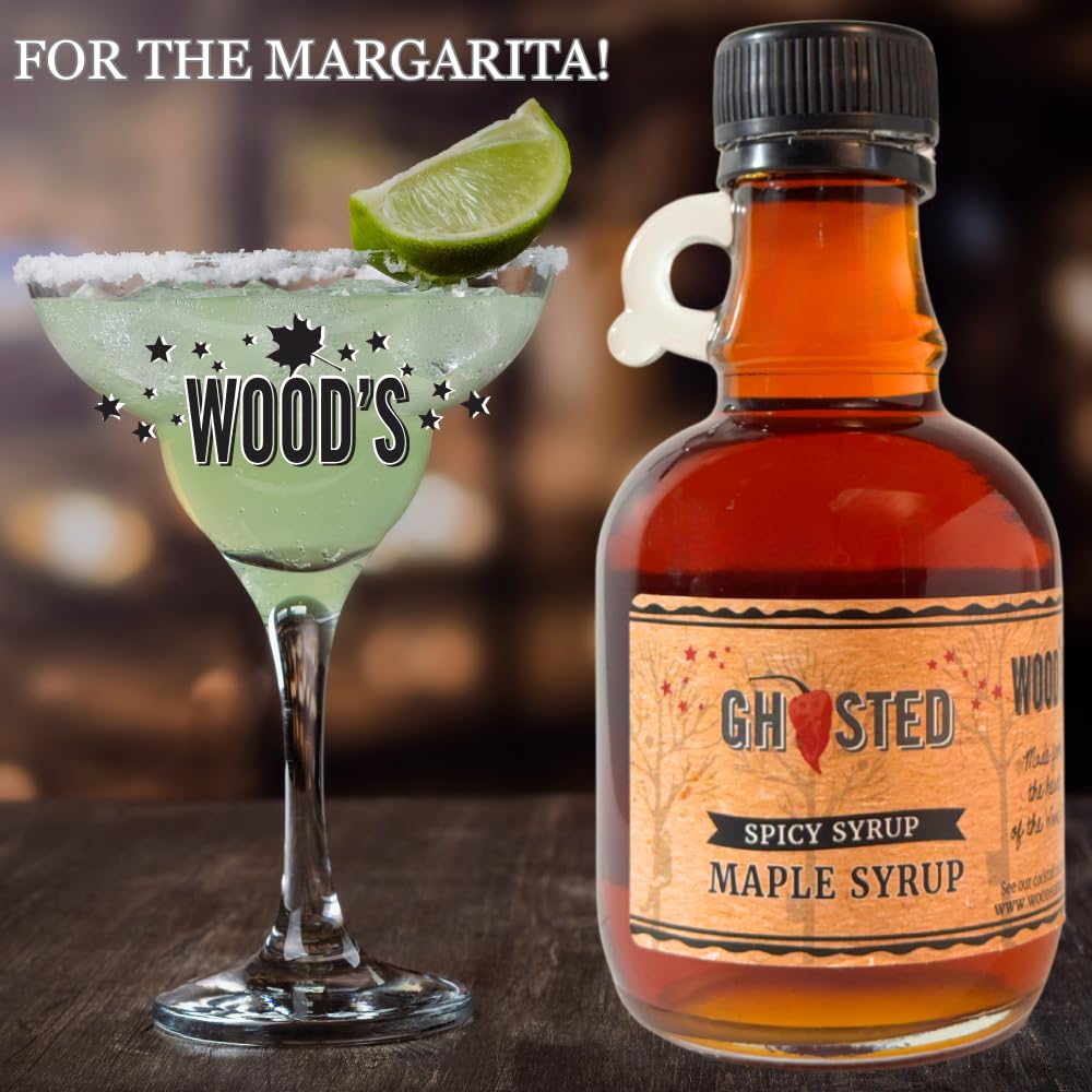 WOOD'S “Ghosted” Maple Syrup – Ghost Pepper Infused | Sweet & Spicy Flavor Fusion | Small-Batch Vermont Syrup with Real Ghost Pepper Extract | Vegan, Natural, Eco-Friendly | Great for Cocktails, BBQ, Glazes & More |8.45 Fl Oz (250mL)