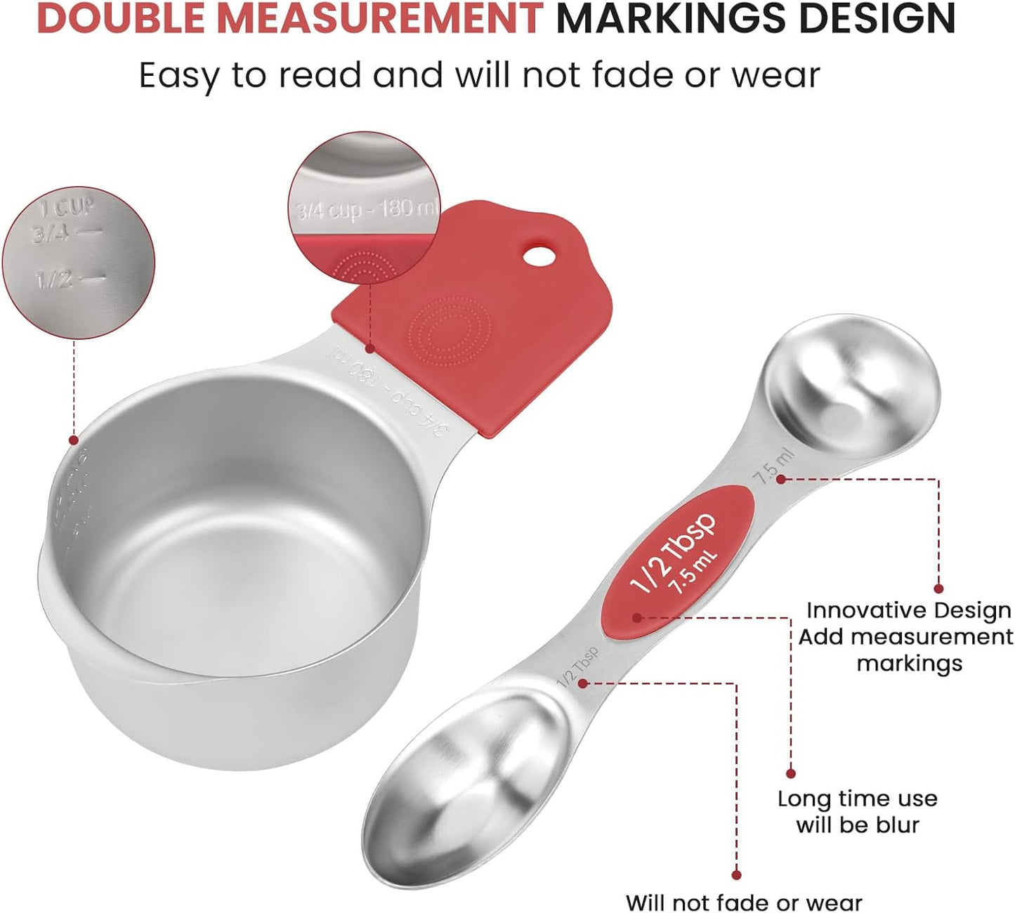 Magnetic Measuring Cups and Spoons Set-Heavy Duty 304 Stainless Steel,Double Measurement Markings,Set of 16 with Leveler for Measure Dry and Liquid Ingredients (Red)