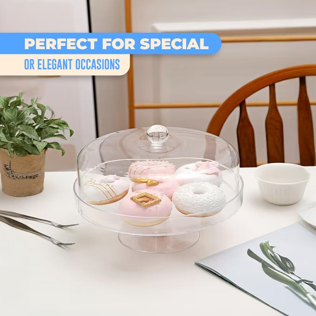 Acrylic Cake Stand with Lid โ Multifunctional Cake Holder with Cover, Covered Pie Plate with Lid, Elegant Cake Stand with Dome Lid, Panera de Vidrio Cristal para Mesa - 8.07 in ร 9.65 in
