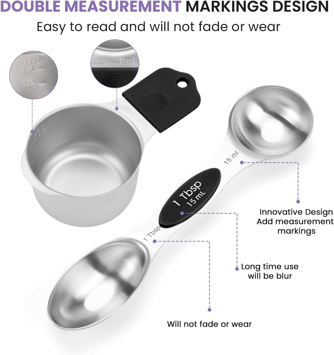 Magnetic Measuring Cups and Spoons Set-Heavy Duty 304 Stainless Steel,Double Measurement Markings,Set of 16 with Leveler for Measure Dry and Liquid Ingredients (Black)
