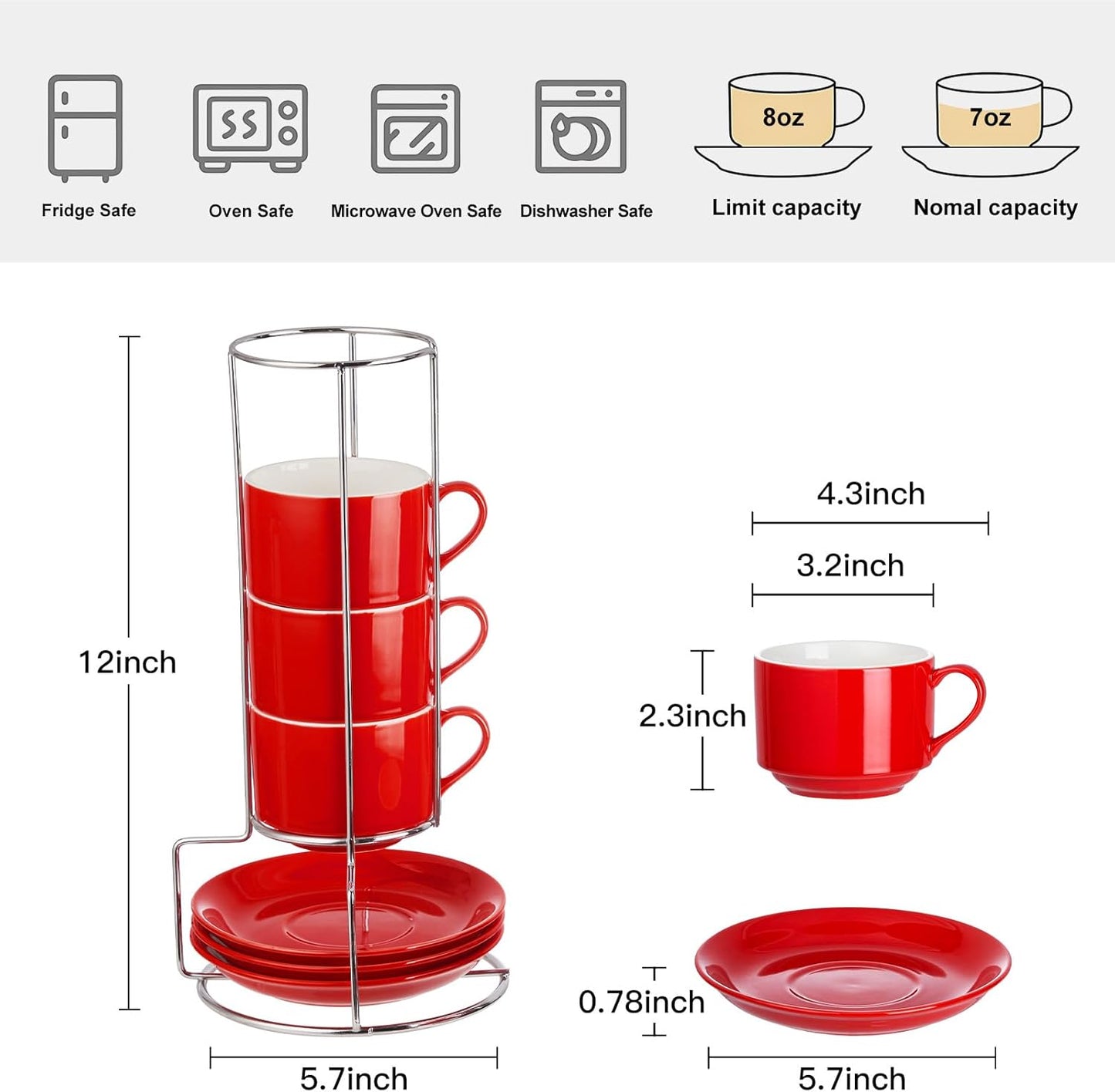 8 Ounce Porcelain Cappuccino Cups with Saucers and Silver Stand, Red Cups Set of 4