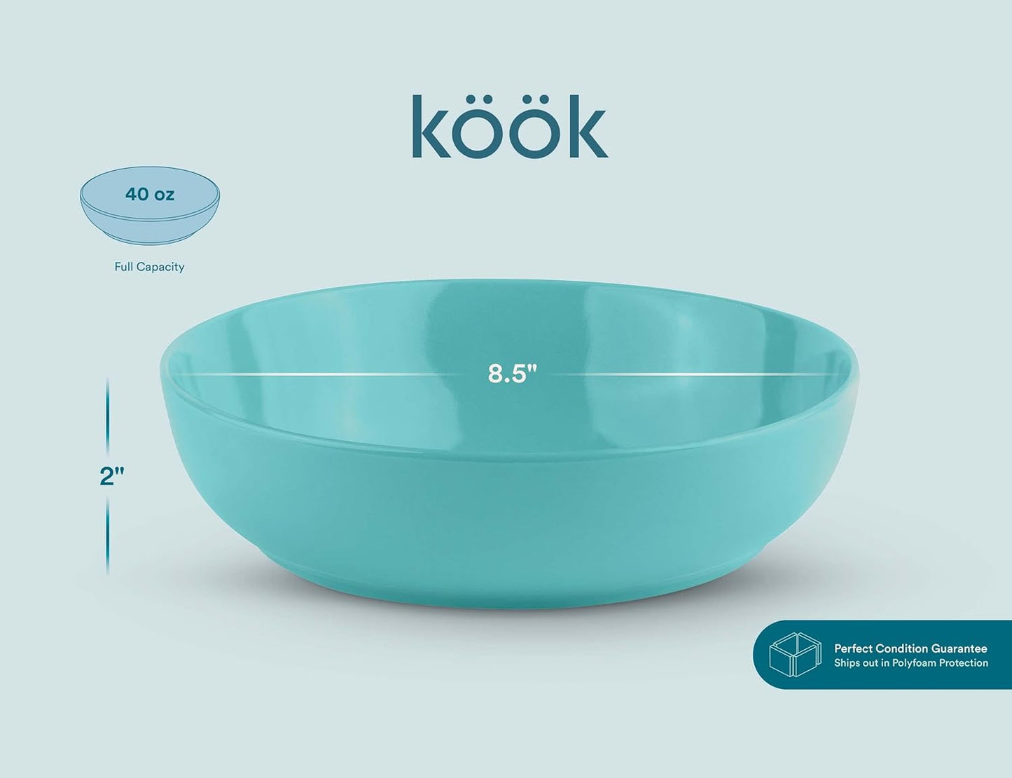 KooK Pasta Bowl, Salad Bowls, Soup, Serving Bowls, Ceramic, Large Capacity, Microwave & Dishwasher Safe, Set of 4, 40 Oz,(Light Turquoise)