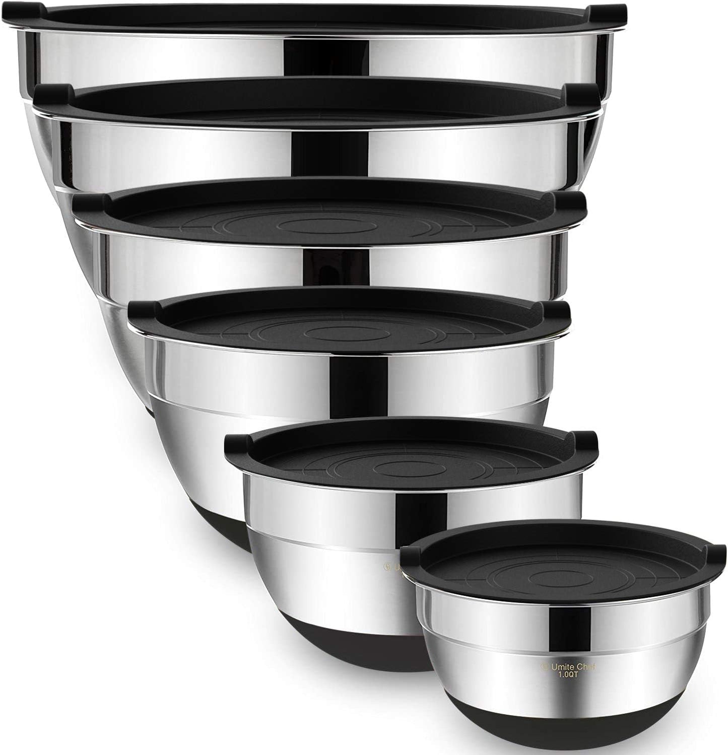 Umite Chef Mixing Bowls with Airtight Lids,6 piece Stainless Steel Metal Nesting Storage Bowls, Non-Slip Bottoms Size 7, 3.5, 2.5, 2.0,1.5, 1QT, Great for Mixing & Serving(Black)