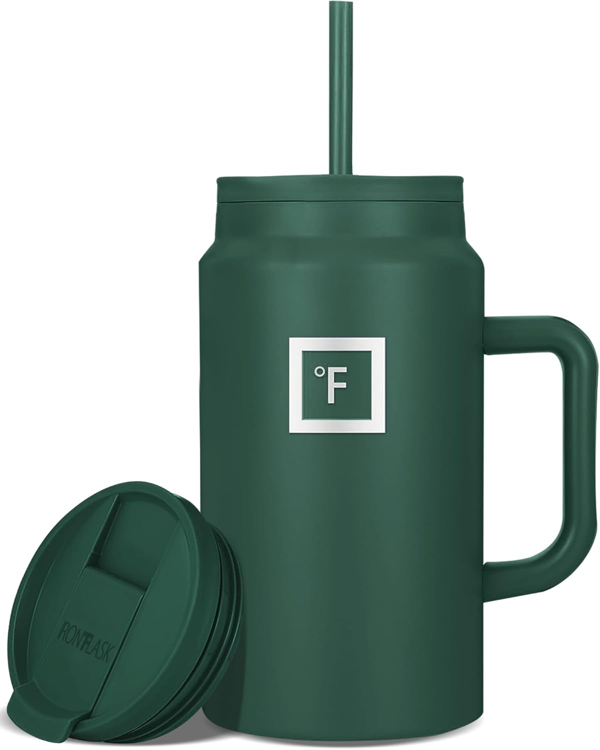 IRON °FLASK Co-Pilot Insulated Mug w/Straw & Flip Cap Lids - Cup Holder Bottle for Hot, Cold Drink - Leak-Proof - Water, Coffee Portable Travel Mug - Dark Pine, 50 Oz