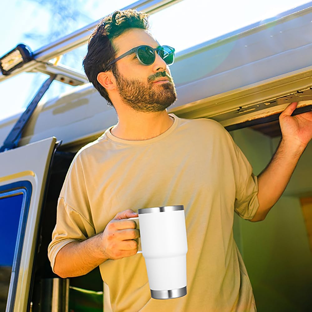 VEGOND 20 oz Tumbler Bulk with Handle Lid and Straw, Stainless Steel Insulated Travel Coffee Mug Set, Spill Proof Double Wall Metal Tumblers Cups, New White 12 Pack